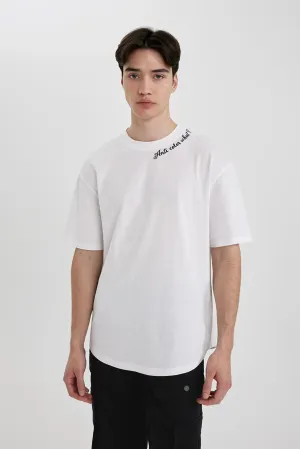 Defacto Men's White Printed Short Sleeve T-Shirt