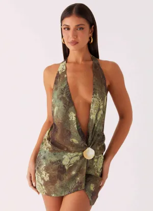 Eleanora Plunge Scarf Mini Dress - Cyber Floral