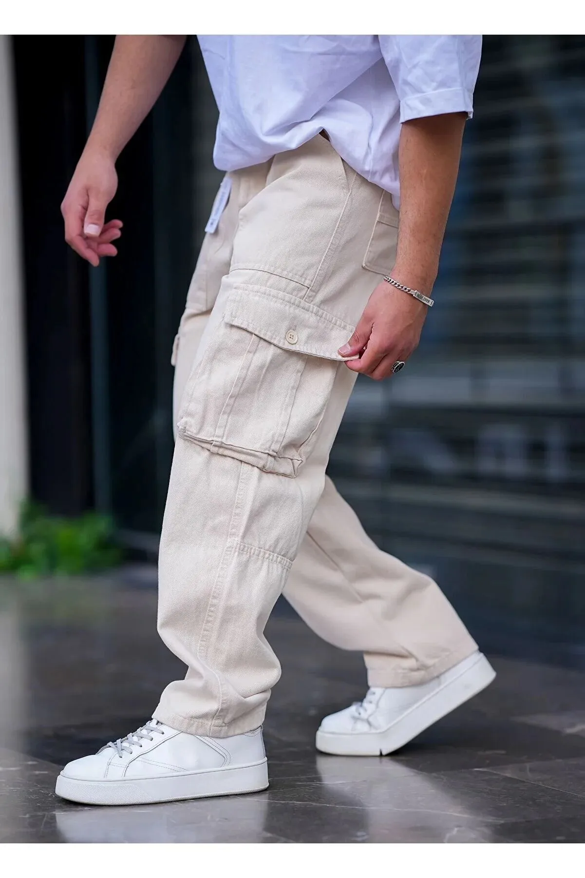 Tarz Cool Men's Beige Cargo Pocket Baggy Pants